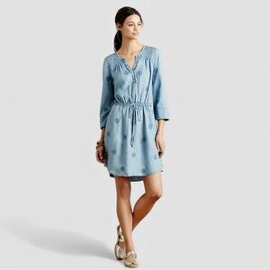 Holding Horses Dress Medium Blue‎ Embroidered Chambray 3/4 Sleeve Tie Waist NEW